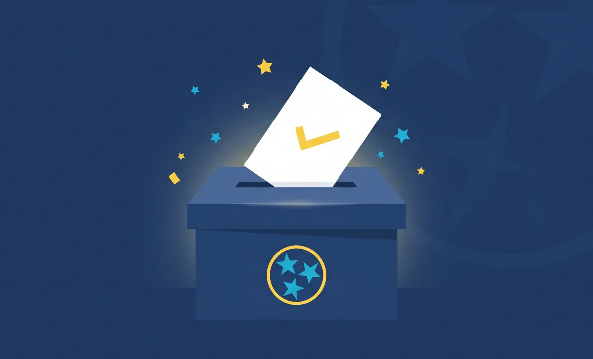 Illustration of a ballot with a gold checkmark being cast into a navy ballot box bearing the Tennessee tristar