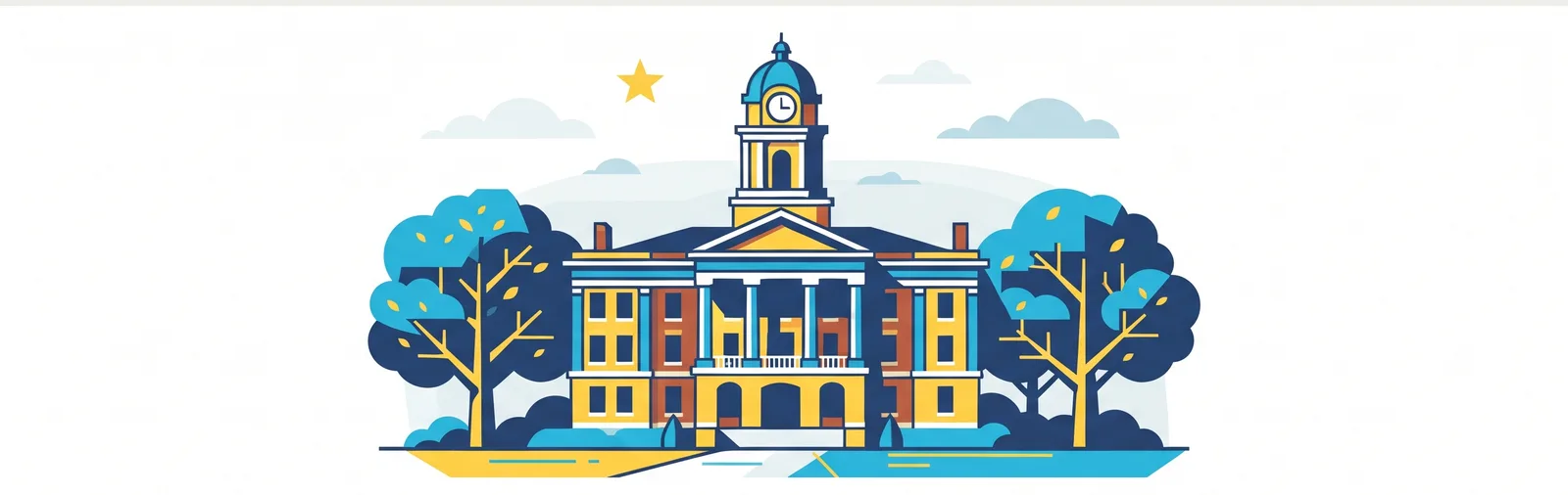 Stylized illustration of a historic county courthouse with a clock tower, for the Maury County section