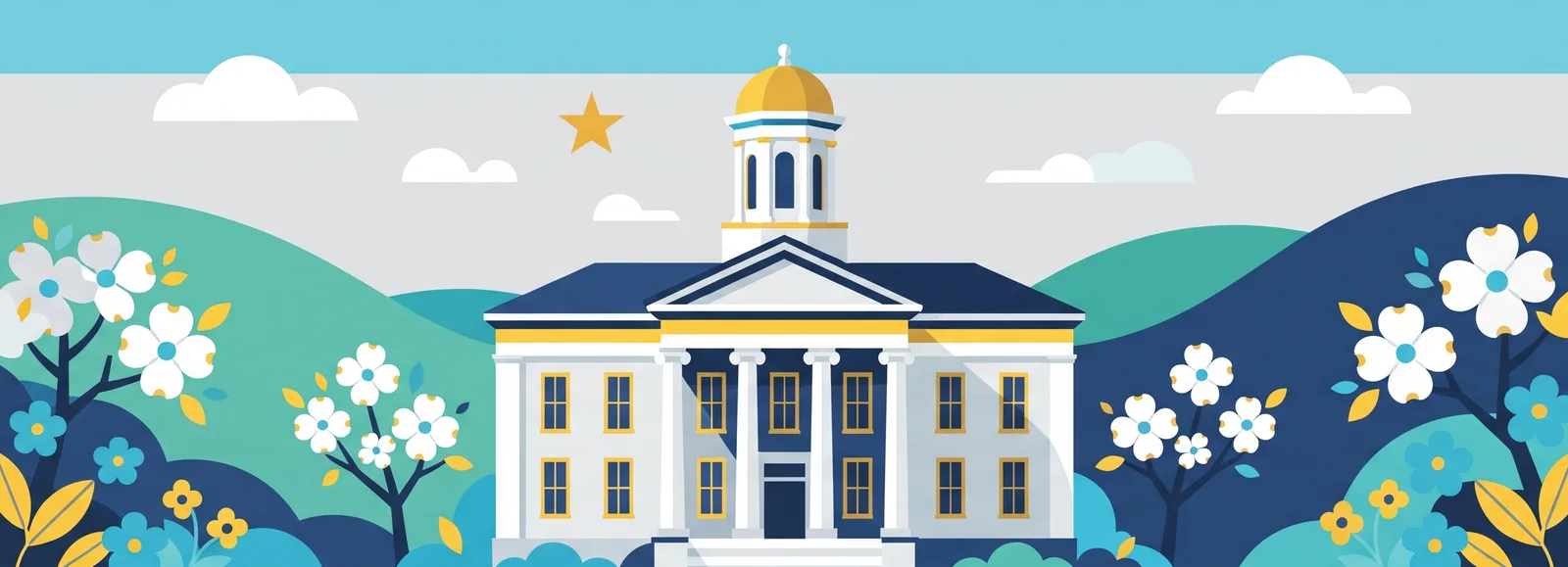 Stylized illustration of a classical columned courthouse among rolling hills and dogwoods, for the Williamson County section