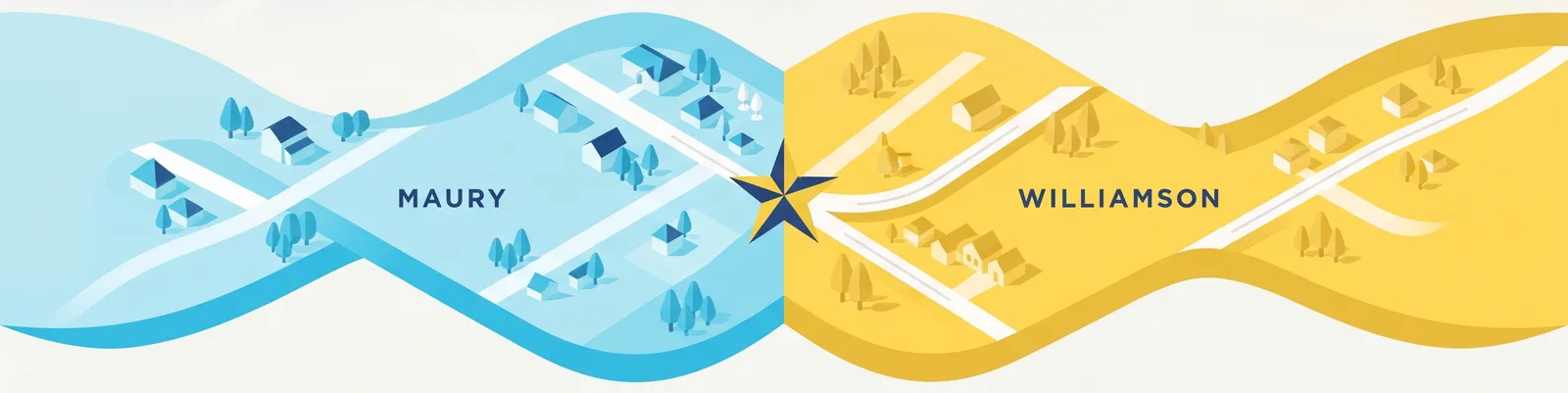 Illustration of one community spanning two counties — Maury on one side, Williamson on the other, joined at a single star marking Spring Hill