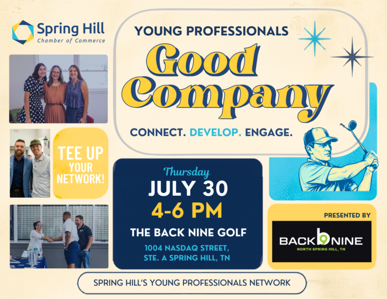 Spring Hill Chamber of Commerce Young Professionals: Good Company Kick off Event Graphic July 30 at The Back Nine Golf